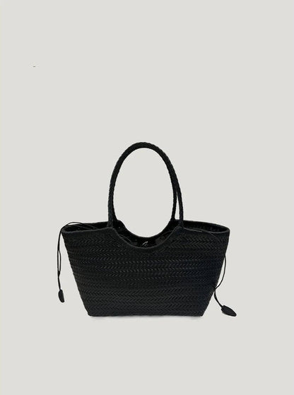 A black woven leather tote bag with a nested bag, featuring a spacious design and top handles. Set against a white background, the bag showcases its intricate woven patterns and stylish, functional design.