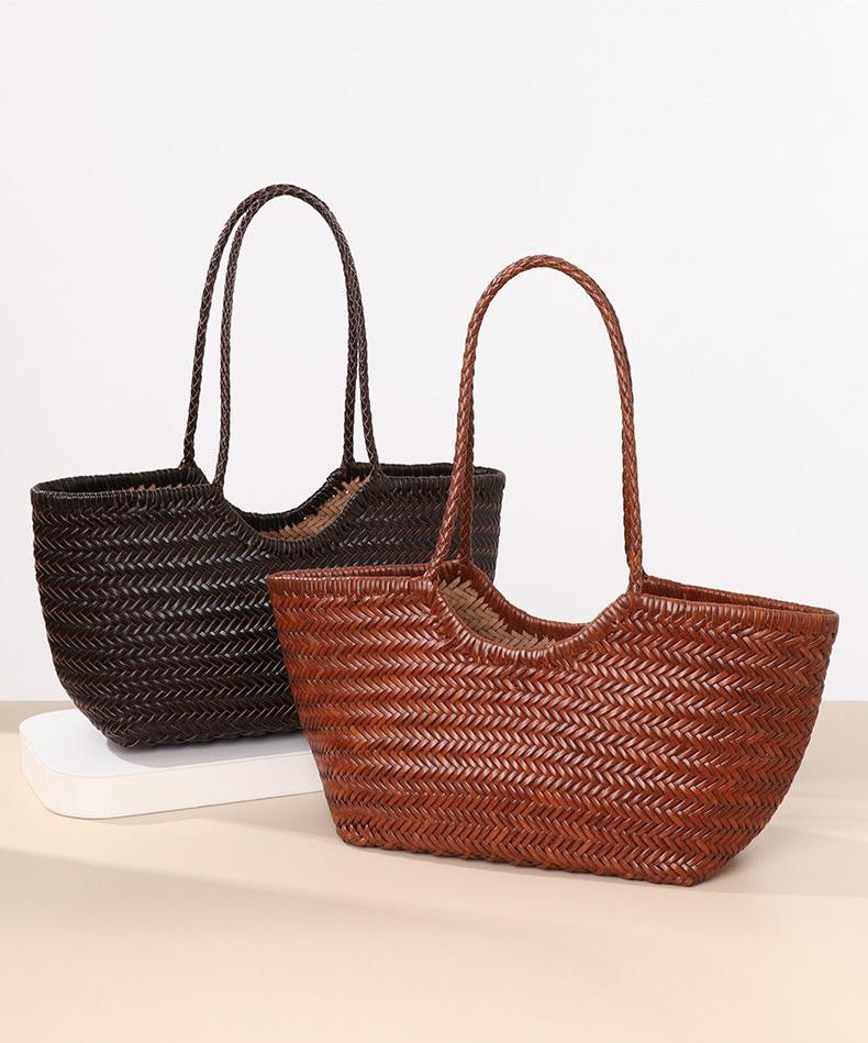 Two woven leather tote bags, one in brown and the other in dark brown, featuring a spacious design with top handles. The bags are placed on a clean white surface with a neutral beige background, showcasing their intricate woven patterns and stylish, functional design.