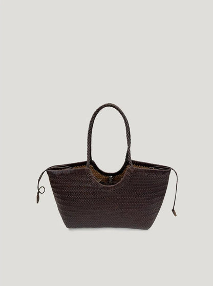 A coffee woven leather tote bag with a nested bag, featuring a spacious design and top handles. Set against a white background, the bag showcases its intricate woven patterns and stylish, functional design.